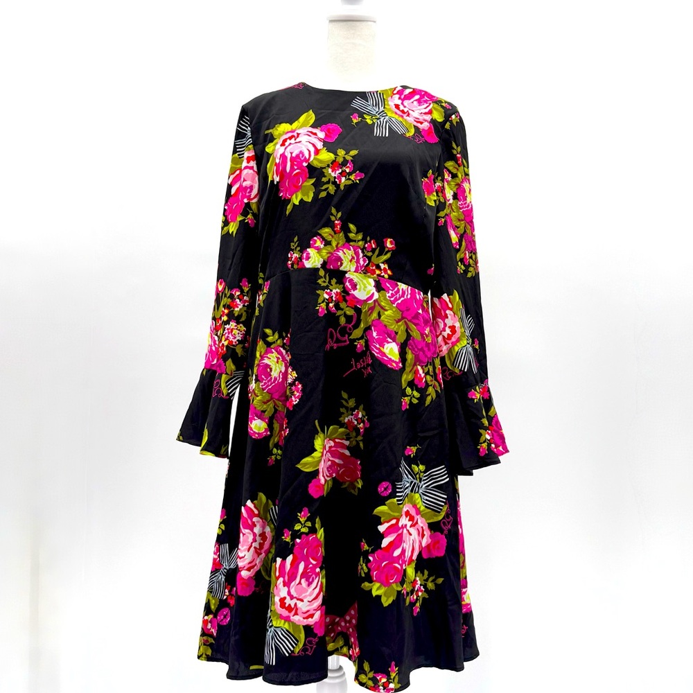 Betsey Johnson 50th Anniversary Midi Dress 8‎ A Line Bell Sleeve Midnight Floral